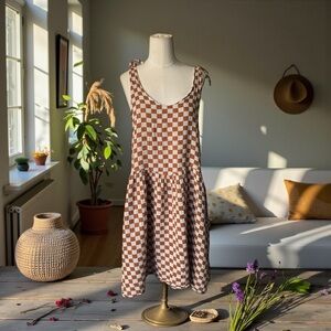 RYLEE + CRU rust white check checker linen cotton gauze scoop neck mini dress XL